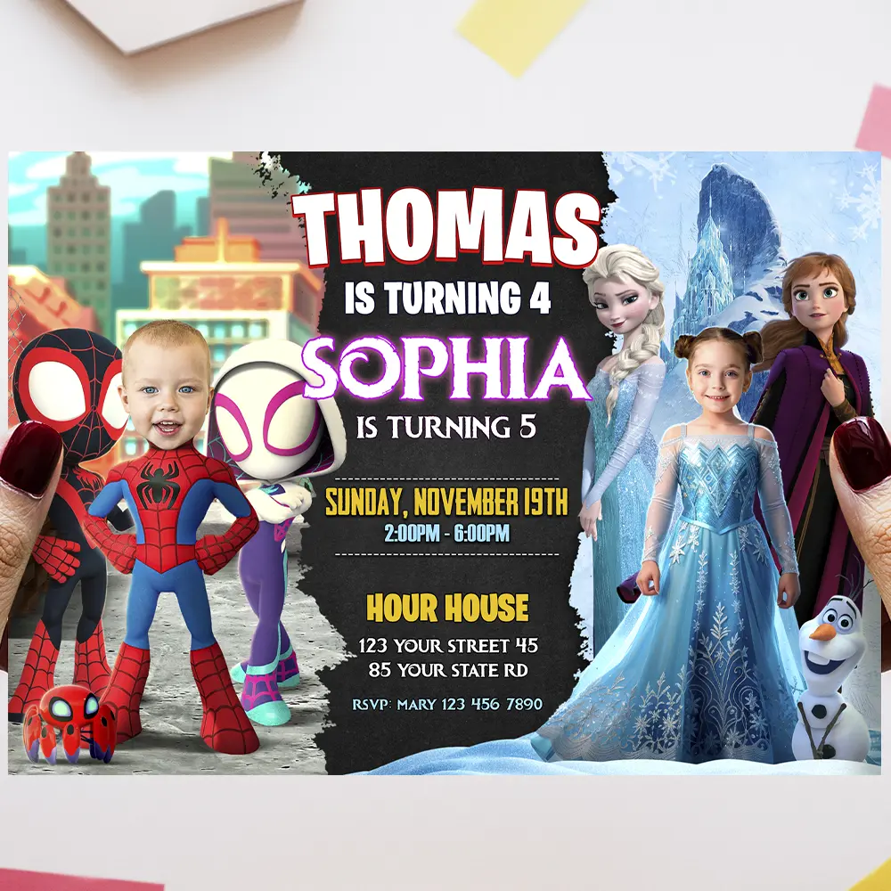 personalized-siblings-spidey-frozen-photo-invitation-and-party-deco-spidey-kids-birthday-frozen-photo-card-3 Spidey and Frozen Siblings Birthday Invitation with Photo