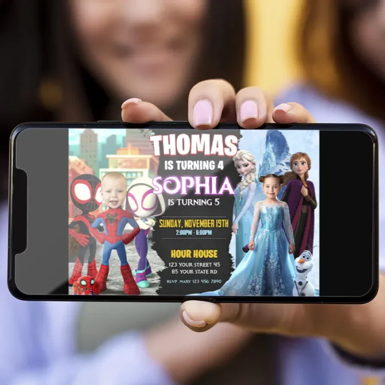 Spidey and Frozen Siblings Birthday Invitation with Photo