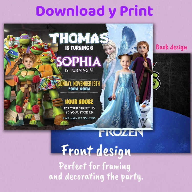 Teenage Mutant Ninja Turtles and Frozen Siblings Birthday Invitation with Photo – Personalized Digital Download