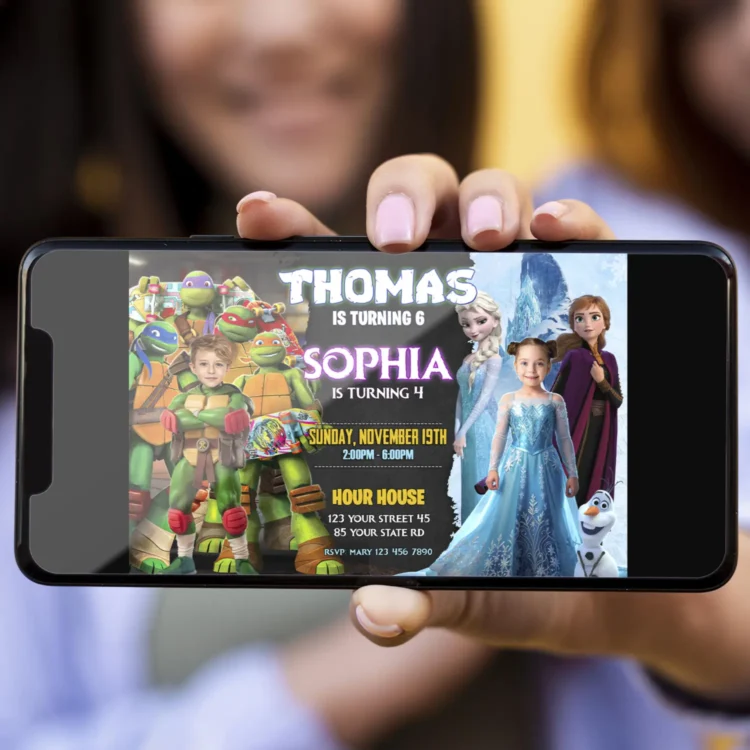 Teenage Mutant Ninja Turtles and Frozen Siblings Birthday Invitation with Photo – Personalized Digital Download