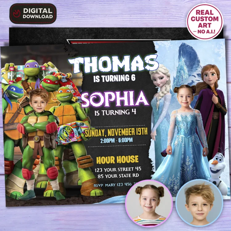 Teenage Mutant Ninja Turtles and Frozen Siblings Birthday Invitation with Photo – Personalized Digital Download