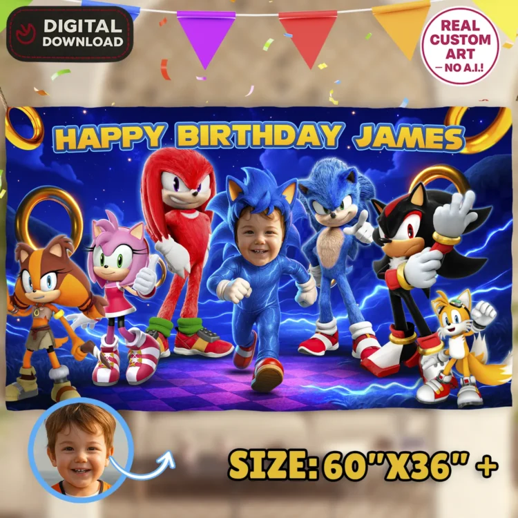 Sonic Birthday Photo Banner – Custom Sonic Party Decorations (24h Delivery) – Digital Download