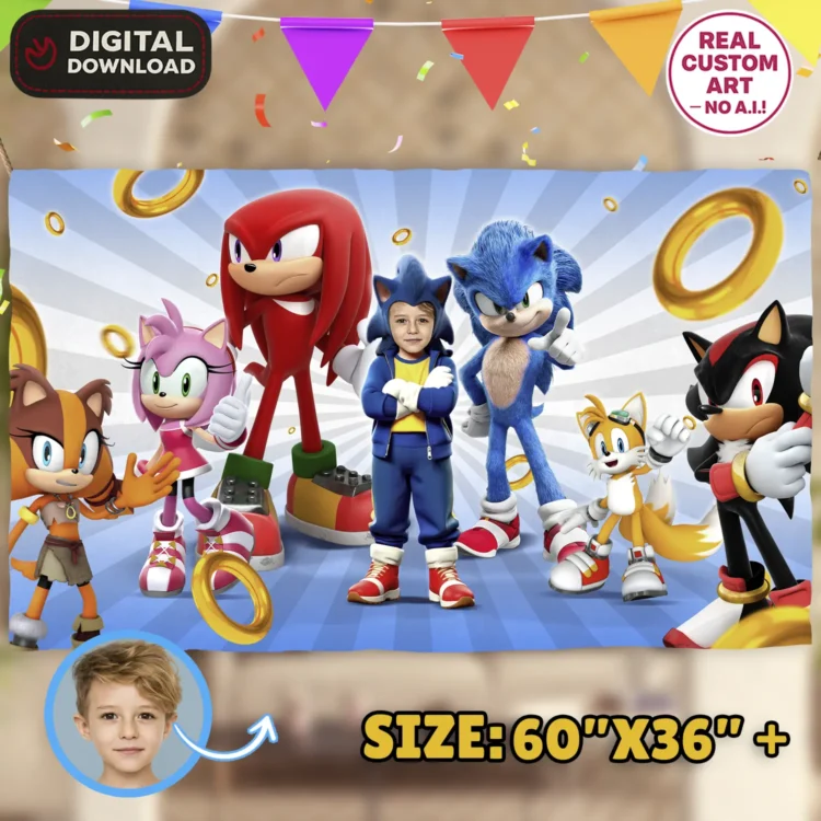Sonic Birthday Banner with Photo – Personalized 36×24 Horizontal (24 h Delivery) – Digital Download