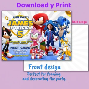 Sonic Birthday Photo Invitation – Personalized Horizontal Sonic Party Card (24h Delivery) – Digital Download