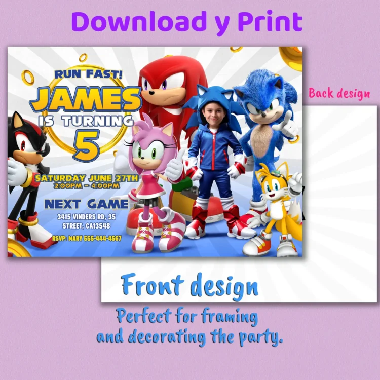 Sonic Birthday Photo Invitation – Personalized Horizontal Sonic Party Card (24h Delivery) – Digital Download