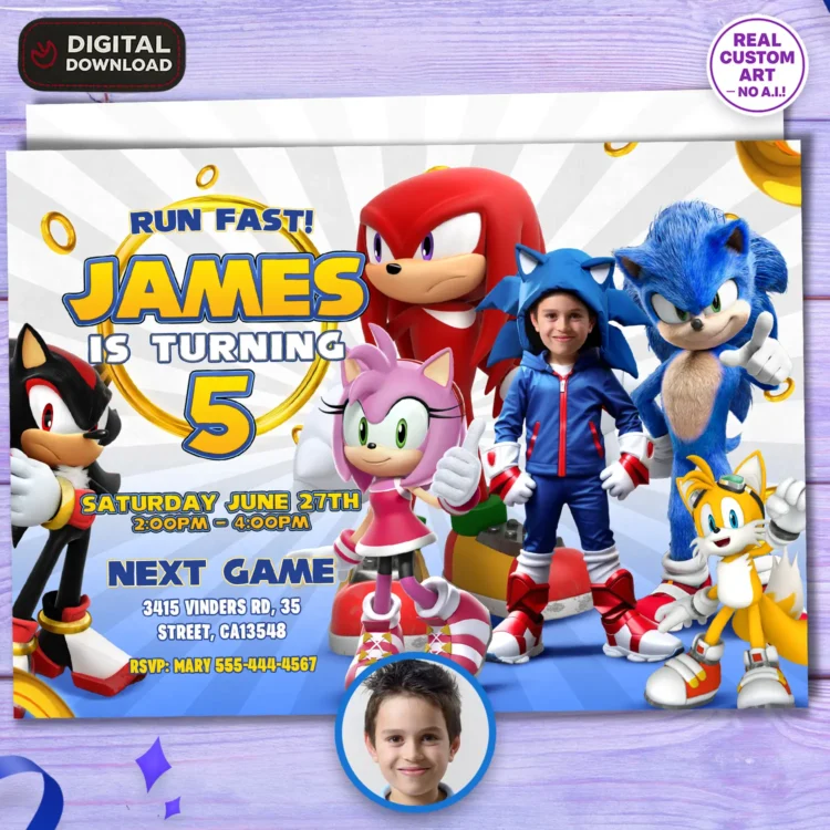 Sonic Birthday Photo Invitation – Personalized Horizontal Sonic Party Card (24h Delivery) – Digital Download