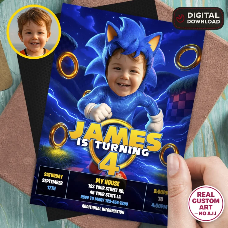 Personalized Sonic Birthday Invitation with Photo – Custom Sonic Photo Card (24h Delivery) – Digital Download