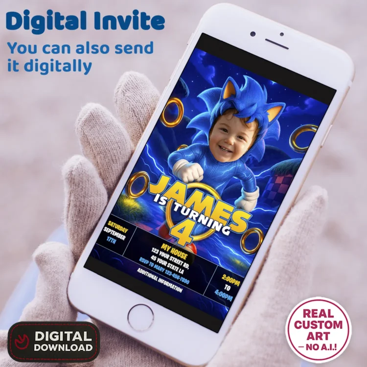 Personalized Sonic Birthday Invitation with Photo – Custom Sonic Photo Card (24h Delivery) – Digital Download