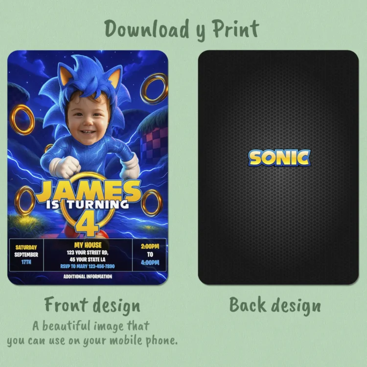 Personalized Sonic Birthday Invitation with Photo – Custom Sonic Photo Card (24h Delivery) – Digital Download