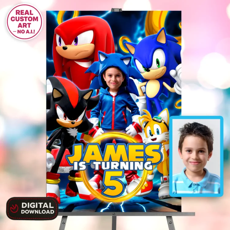 Sonic Birthday Welcome Sign with Photo – Personalized 16×24 Vertical (24h Delivery) – Digital Download