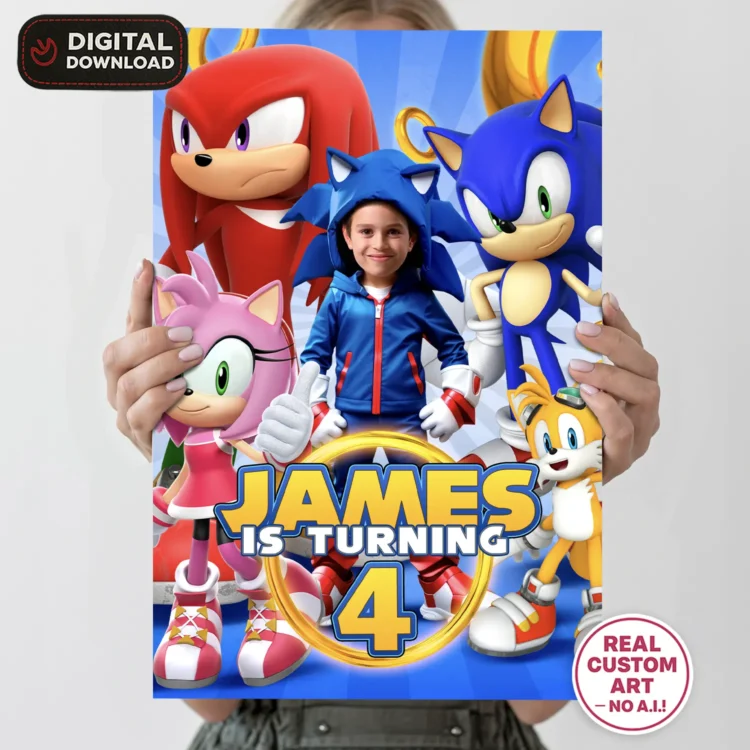 Sonic Birthday Photo Welcome Sign – Personalized 16×24 Vertical (24h Delivery) – Digital Download