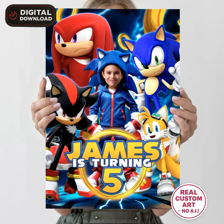 Sonic Birthday Welcome Sign with Photo – Personalized 16×24 Vertical (24h Delivery) – Digital Download