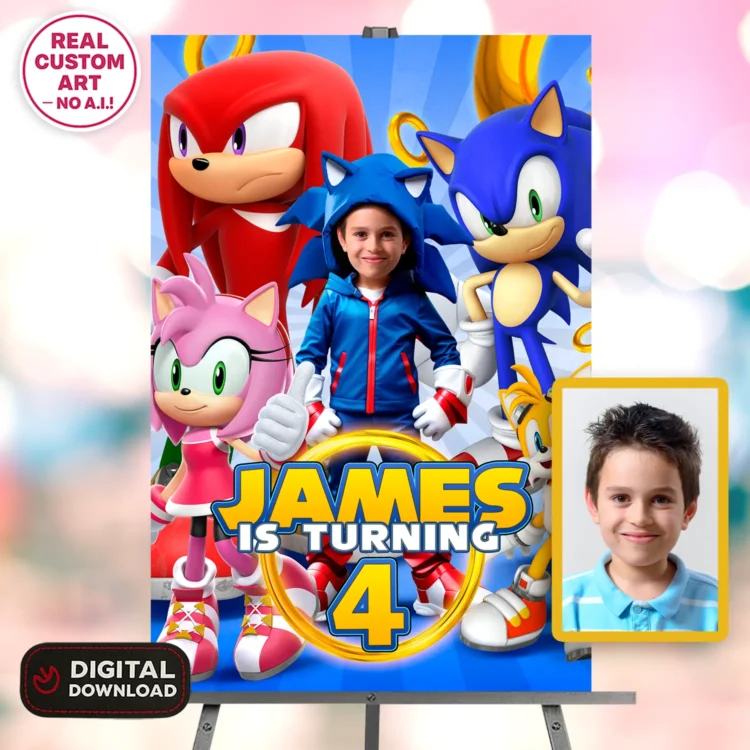 Sonic Birthday Photo Welcome Sign – Personalized 16×24 Vertical (24h Delivery) – Digital Download