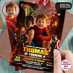 Spiderman and Avengers photo birthday invitation 5x7