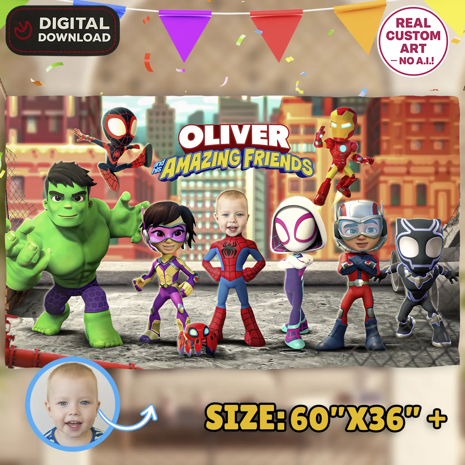 Spidey and His Amazing Friends Birthday Banner with Photo – Personalized 36×24 Horizontal (24 h Delivery) – Digital Download