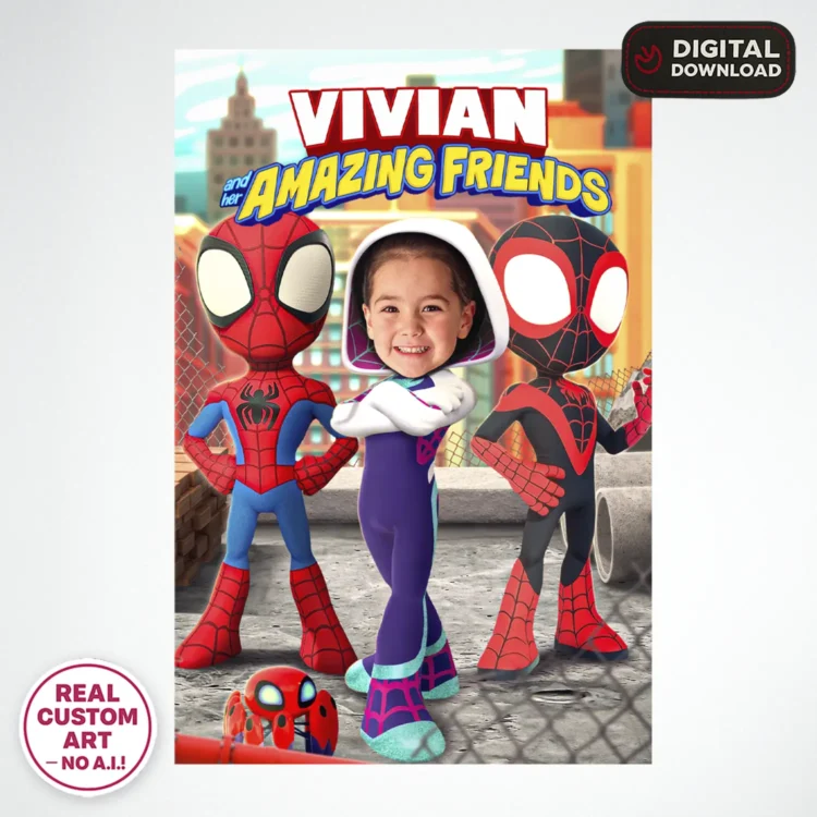 Spidey and Friends Gwen Birthday Welcome Sign with Photo – Personalized Gwen Party Deco (24h Delivery) – Digital Download