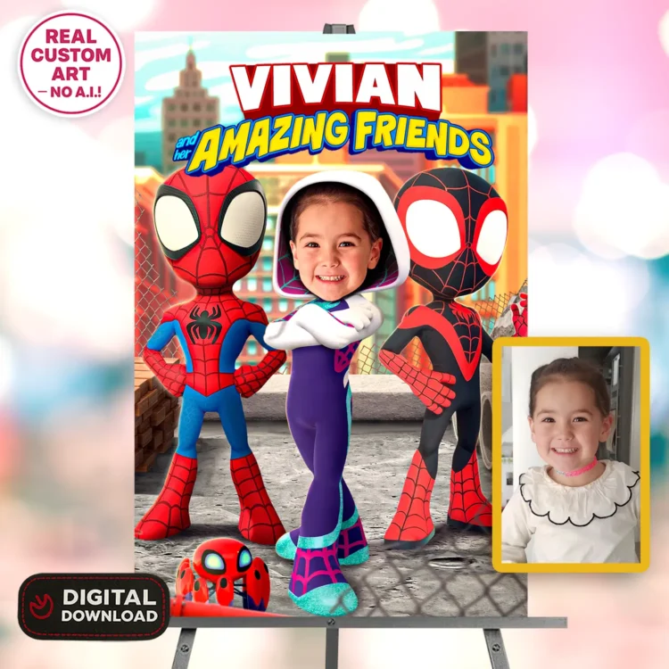 Spidey and Friends Gwen Birthday Welcome Sign with Photo – Personalized Gwen Party Deco (24h Delivery) – Digital Download