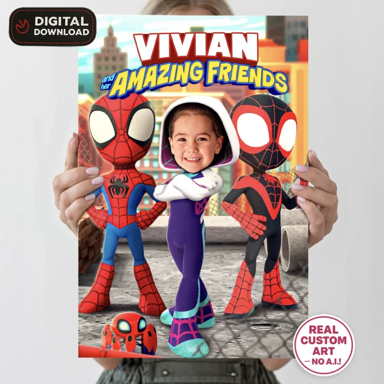 Spidey and Friends Gwen Birthday Welcome Sign with Photo – Personalized Gwen Party Deco (24h Delivery) – Digital Download