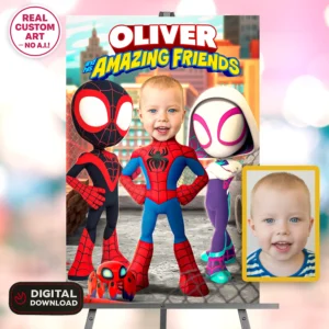 Spidey and His Amazing Friends Welcome Sign with Photo – Personalized 16×24 Vertical (24h Delivery) – Digital Download
