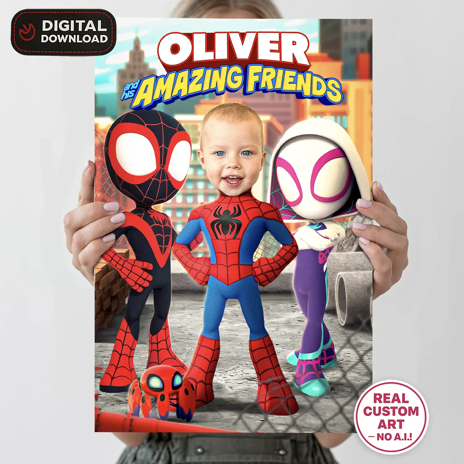 Spidey and His Amazing Friends Welcome Sign with Photo – Personalized 16×24 Vertical (24h Delivery) – Digital Download