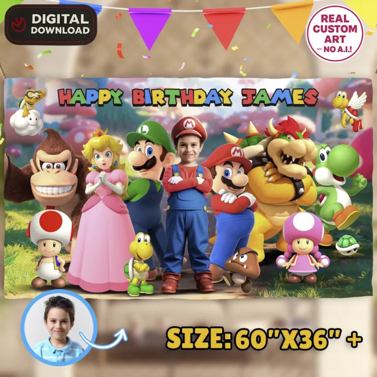 Super Mario Birthday Banner with Photo – Personalized Mario Banner (24h Delivery) – Digital Download