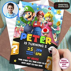 Super Mario photo birthday invitation 5x7