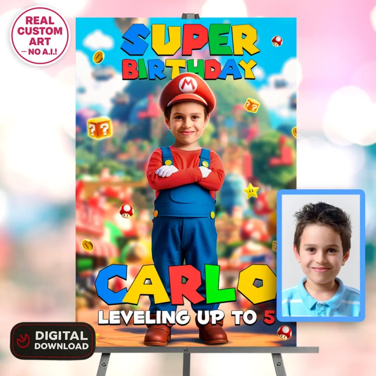 Super Mario Welcome Sign with Photo – Personalized 16×24 Vertical (24h Delivery) – Digital Download