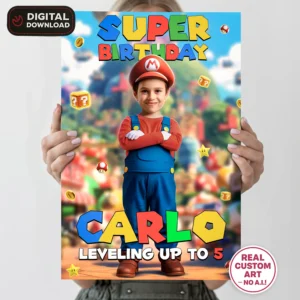 Super Mario Welcome Sign with Photo – Personalized 16×24 Vertical (24h Delivery) – Digital Download