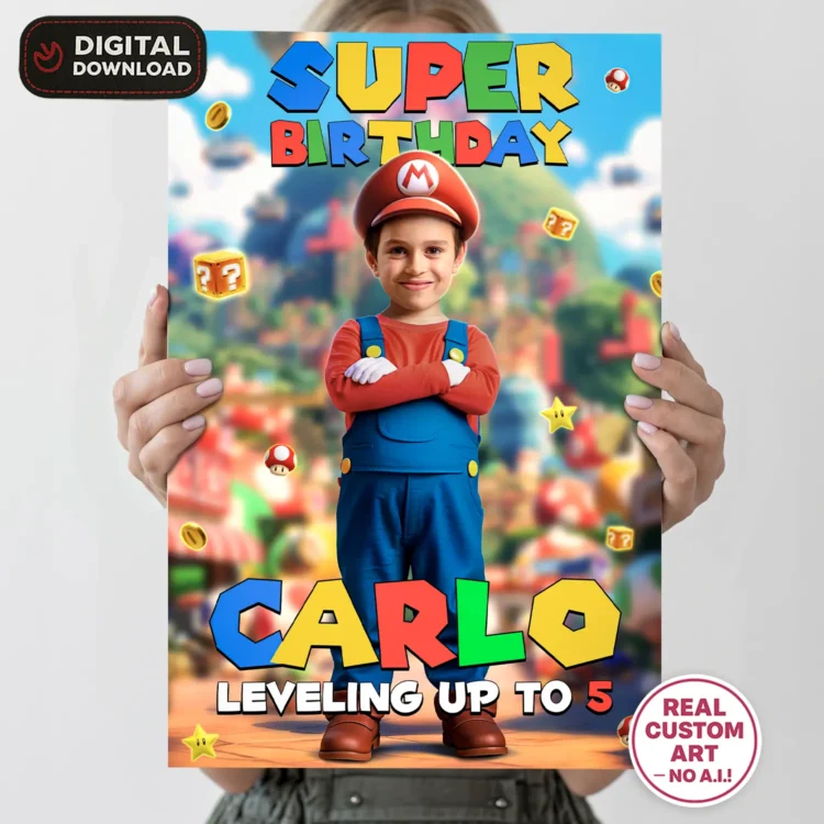 Super Mario Welcome Sign with Photo – Personalized 16×24 Vertical (24h Delivery) – Digital Download