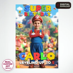 Super Mario Welcome Sign with Photo – Personalized 16×24 Vertical (24h Delivery) – Digital Download
