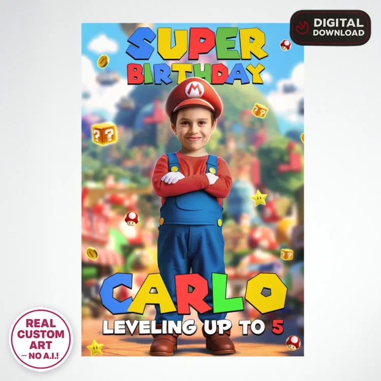 Super Mario Welcome Sign with Photo – Personalized 16×24 Vertical (24h Delivery) – Digital Download