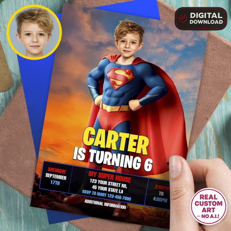 Superman Birthday Invitation with Photo – Personalized Superhero Photo Card (24h Delivery) – Digital Download