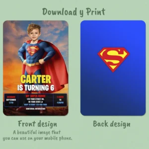 Superman Birthday Invitation with Photo – Personalized Superhero Photo Card (24h Delivery) – Digital Download