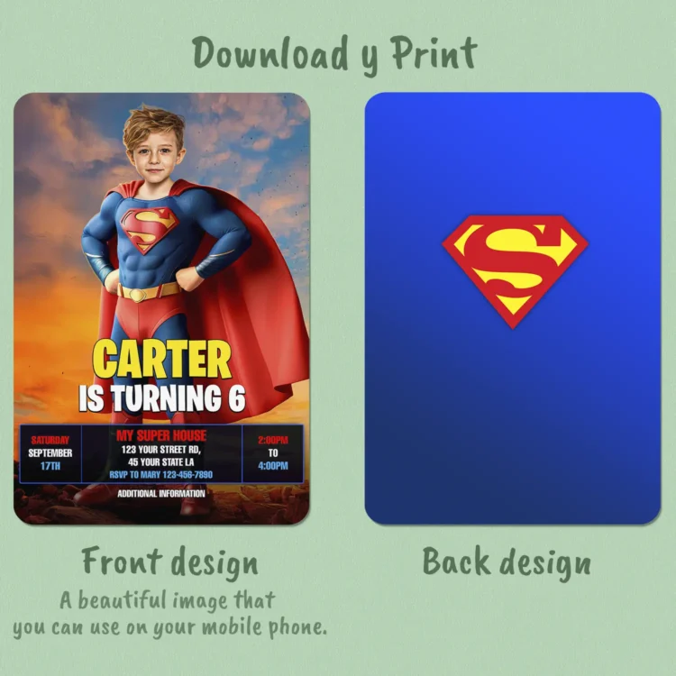 Superman Birthday Invitation with Photo – Personalized Superhero Photo Card (24h Delivery) – Digital Download