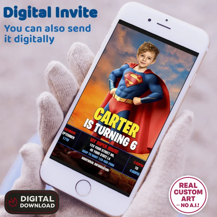 Superman Birthday Invitation with Photo – Personalized Superhero Photo Card (24h Delivery) – Digital Download