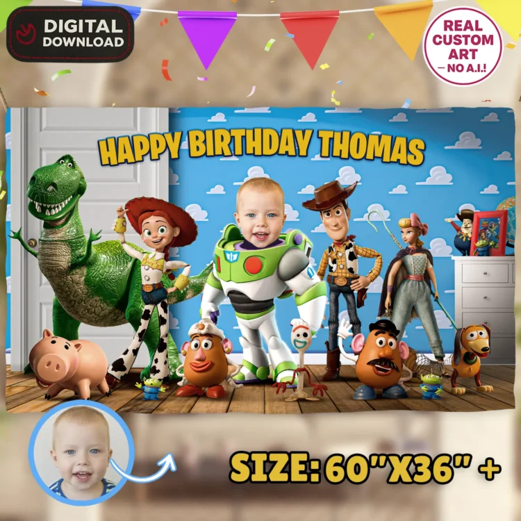 Toy Story Birthday Banner with Photo – Personalized Buzz Lightyear Party Banner (24h Delivery) – Digital Download