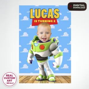 Toy Story Buzz Lightyear Welcome Sign with Photo – Personalized 16×24 Vertical (24 h Delivery) – Digital Download