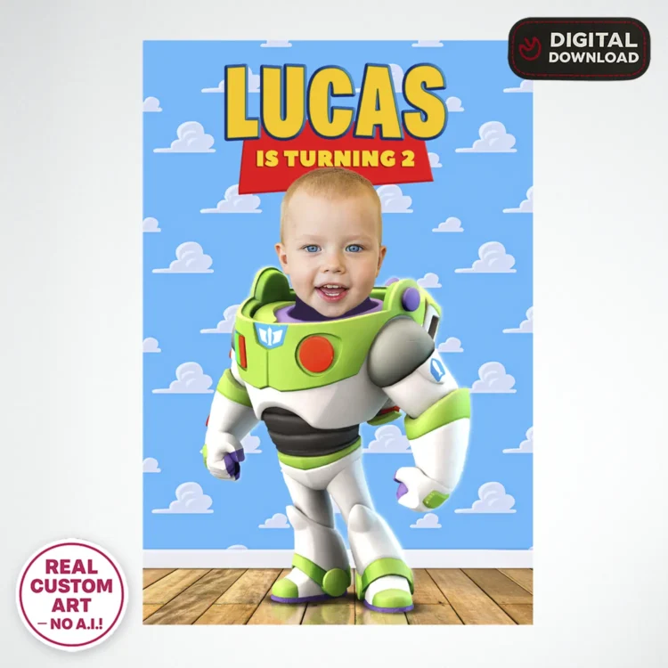 Toy Story Buzz Lightyear Welcome Sign with Photo – Personalized 16×24 Vertical (24 h Delivery) – Digital Download