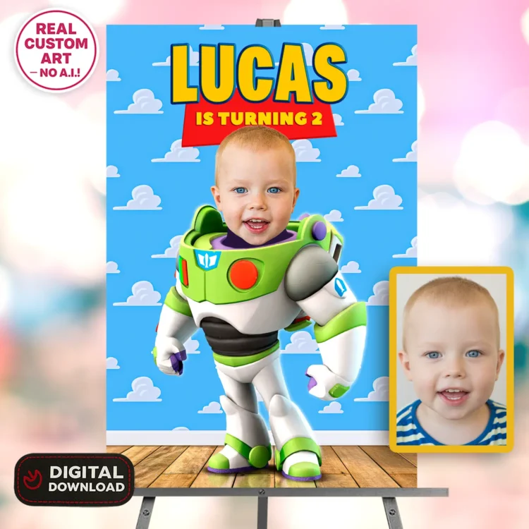 Toy Story Buzz Lightyear Welcome Sign with Photo – Personalized 16×24 Vertical (24 h Delivery) – Digital Download