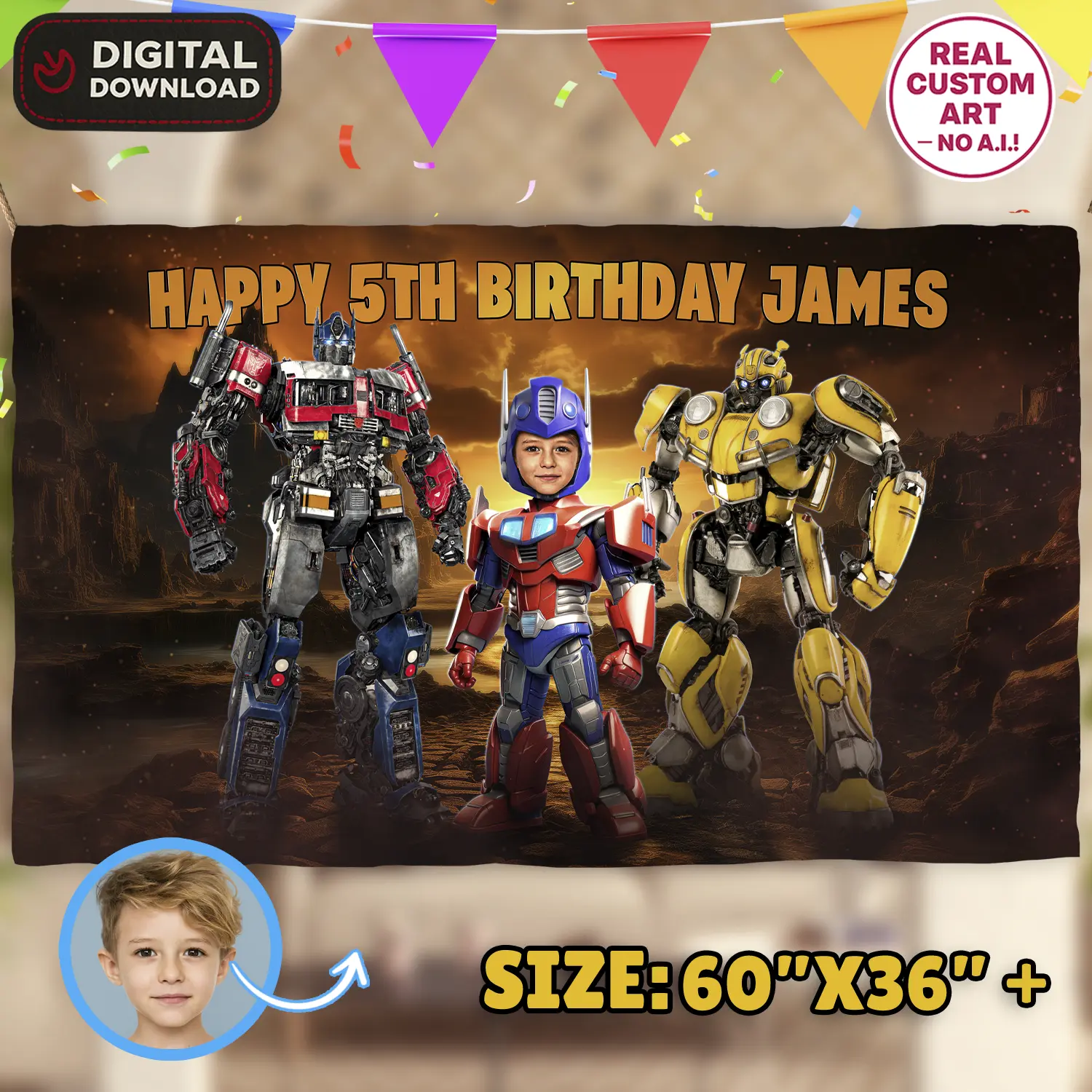 Transformers Birthday Banner with Photo – Personalized Optimus Prime Banner (24h Delivery) – Digital Download