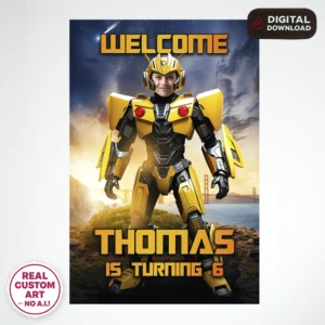 💛 Transformers Bumblebee Birthday Photo Welcome Sign – Personalized Autobot Party Decor (24h Delivery) – Digital Download