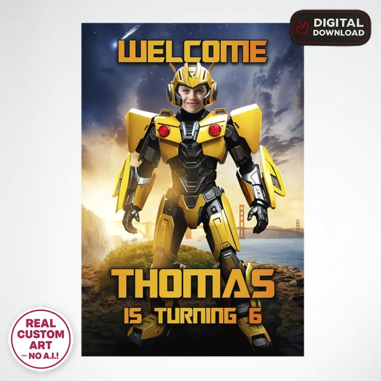 💛 Transformers Bumblebee Birthday Photo Welcome Sign – Personalized Autobot Party Decor (24h Delivery) – Digital Download