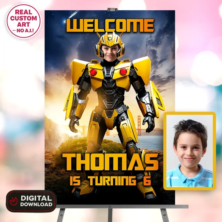💛 Transformers Bumblebee Birthday Photo Welcome Sign – Personalized Autobot Party Decor (24h Delivery) – Digital Download