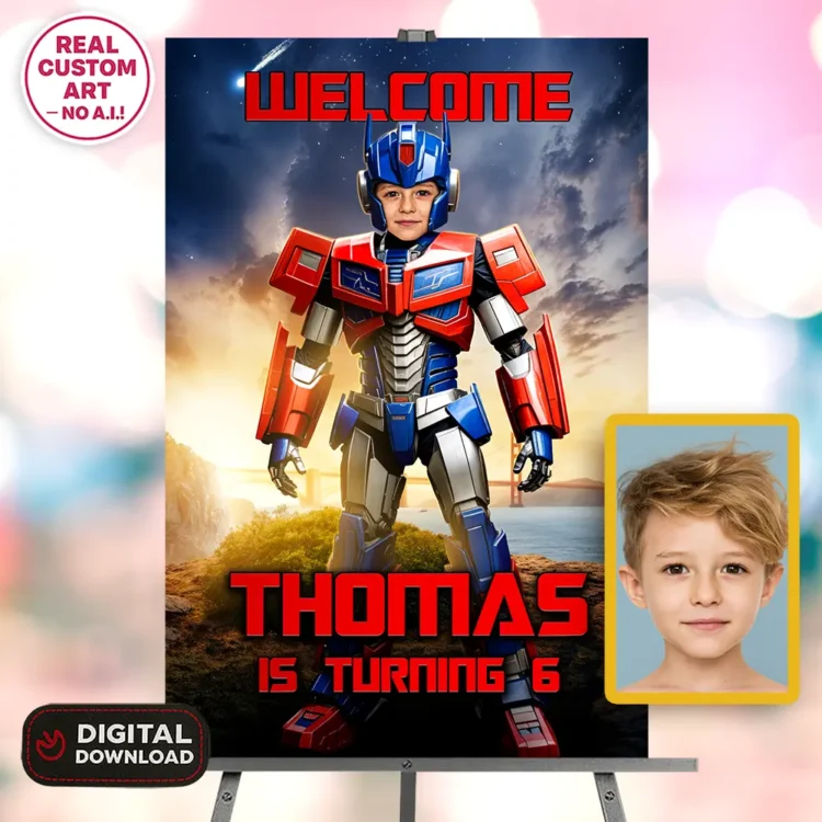 personalized-transformers-photo-welcome-sign-and-party-deco-optimus-prime-kids-birthday-1 Transformers Optimus Prime Birthday Photo Welcome Sign – Personalized Autobot Party Decor (24h Delivery) – Digital Download