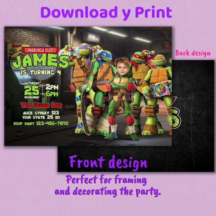 Teenage Mutant Ninja Turtles Birthday Invitation with Photo – Personalized 5×7 Horizontal (24h Delivery) – Digital Download