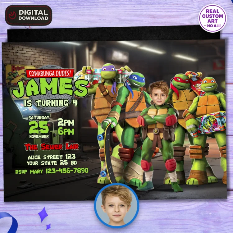 Teenage Mutant Ninja Turtles Birthday Invitation with Photo – Personalized 5×7 Horizontal (24h Delivery) – Digital Download