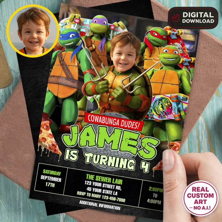 Teenage Mutant Ninja Turtles Birthday Invitation with Photo – Personalized Ninja Turtles Design (24h Delivery) – Digital Download