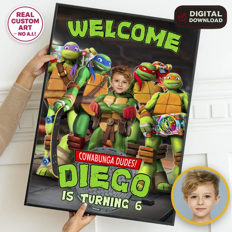 Teenage Mutant Ninja Turtles Welcome Sign with Photo – Personalized 16×24 Vertical (24 h Delivery) – Digital Download