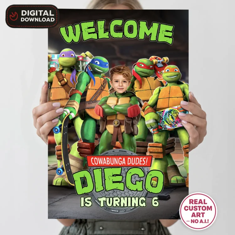 Teenage Mutant Ninja Turtles Welcome Sign with Photo – Personalized 16×24 Vertical (24 h Delivery) – Digital Download