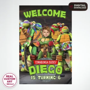 Teenage Mutant Ninja Turtles Welcome Sign with Photo – Personalized 16×24 Vertical (24 h Delivery) – Digital Download